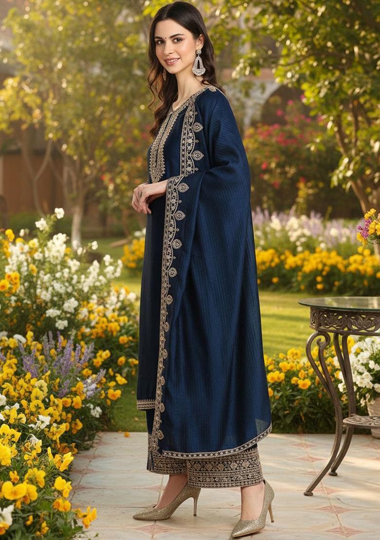 Navy Blue Embroidered Silk Blend Kurta Sets - Indya