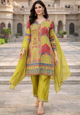 Lime Green Printed Silk Blend Kurta Sets