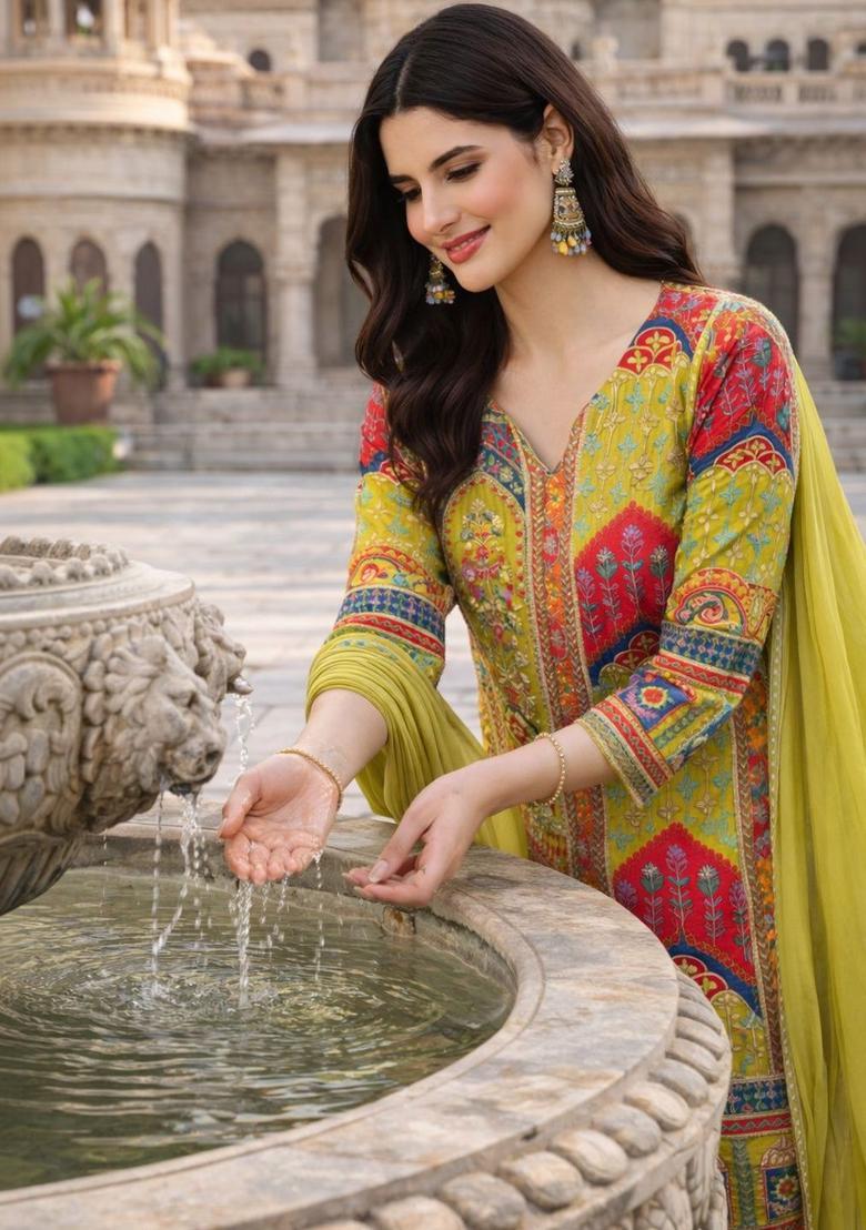 Lime Green Printed Silk Blend Kurta Sets - Indya