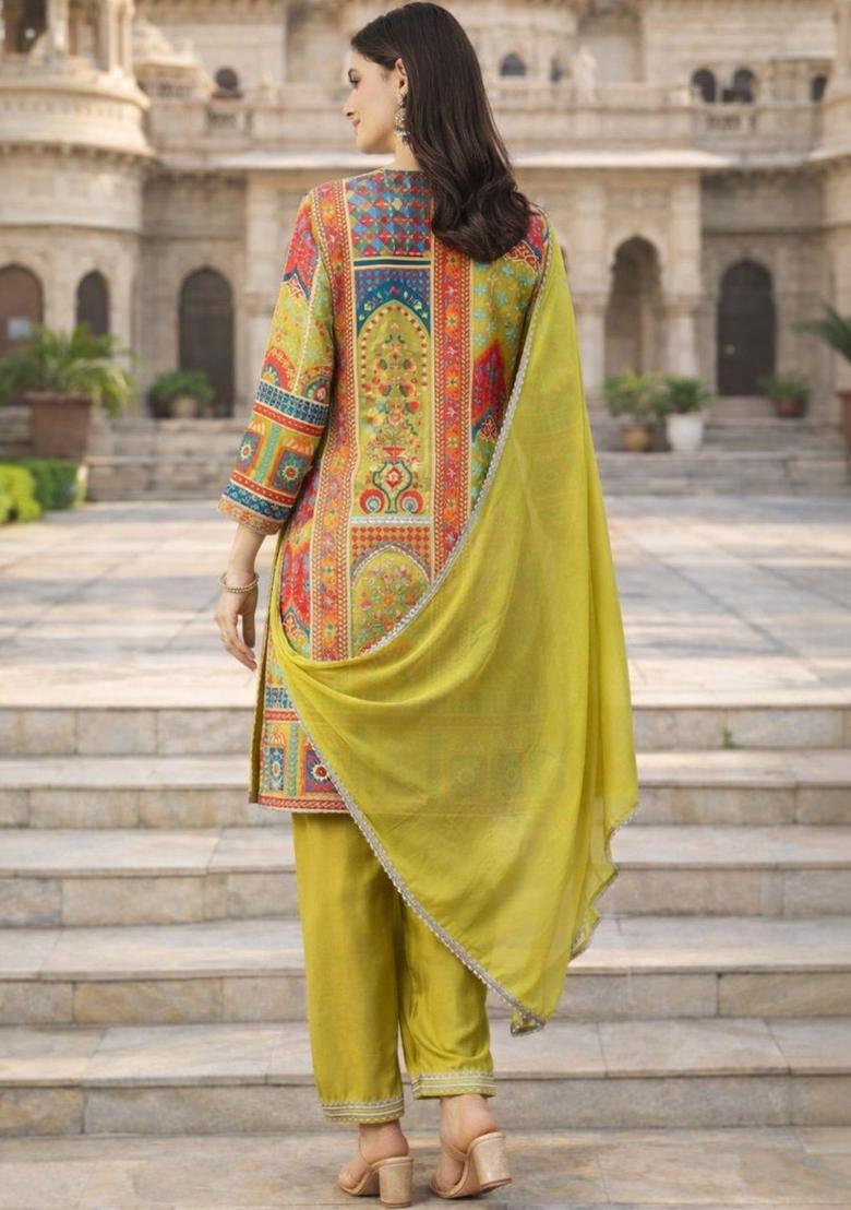 Lime Green Printed Silk Blend Kurta Sets - Indya