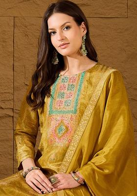 Mustard Woven Design Silk Blend Kurta Sets