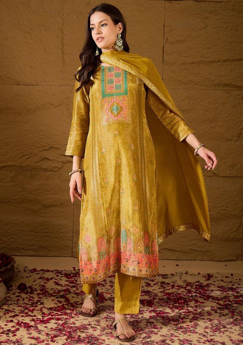 Mustard Woven Design Silk Blend Kurta Sets - Indya