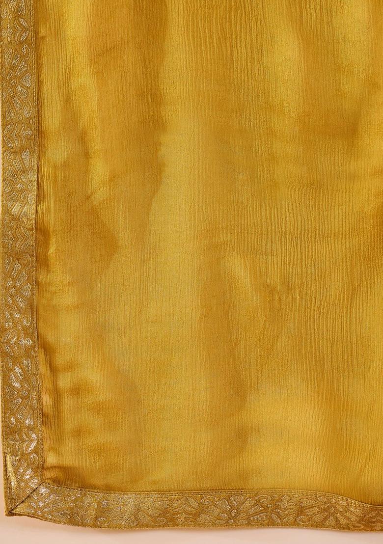 Mustard Woven Design Silk Blend Kurta Sets - Indya