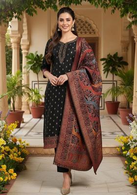 Black Woven Design Silk Blend Kurta Sets