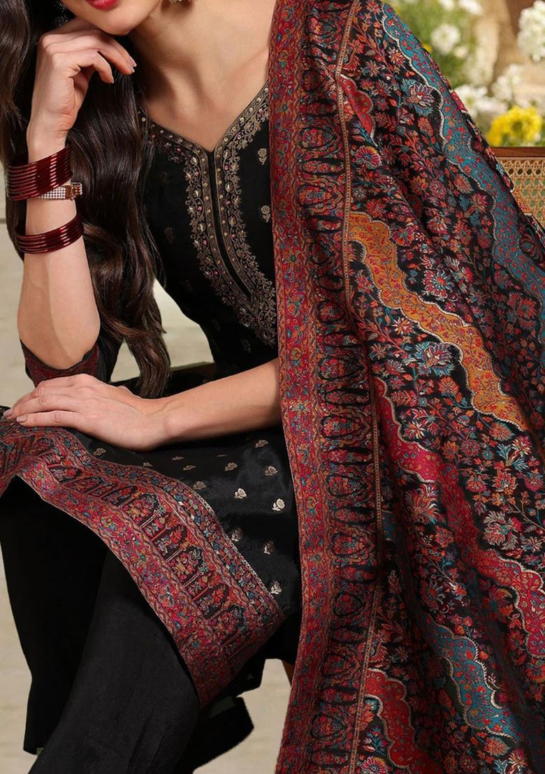 Black Woven Design Silk Blend Kurta Sets - Indya