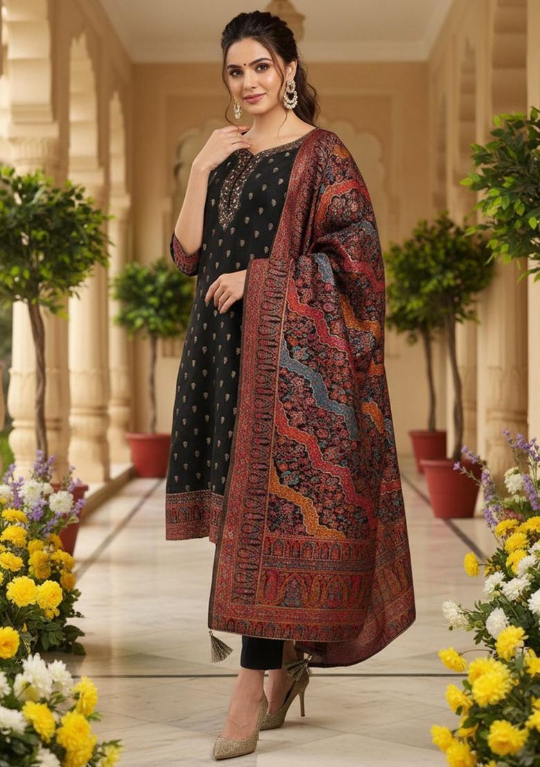 Black Woven Design Silk Blend Kurta Sets - Indya