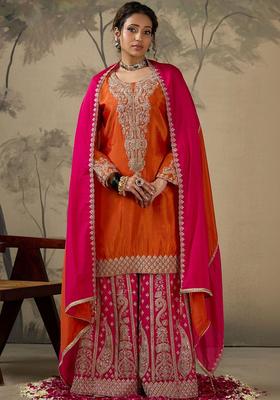 Orange Embroidered Polyester Kurta Sets
