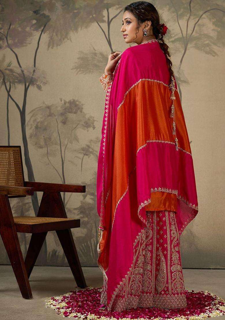 Orange Embroidered Polyester Kurta Sets - Indya