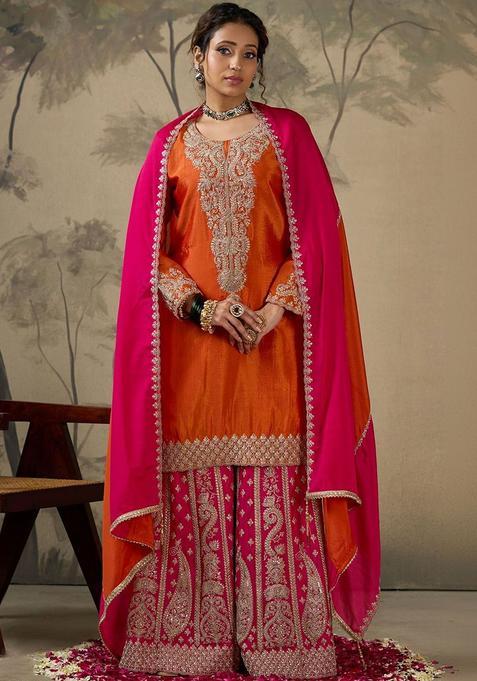 Orange Embroidered Polyester Kurta Sets