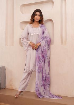 Lavender Self Design Silk Blend Kurta Sets
