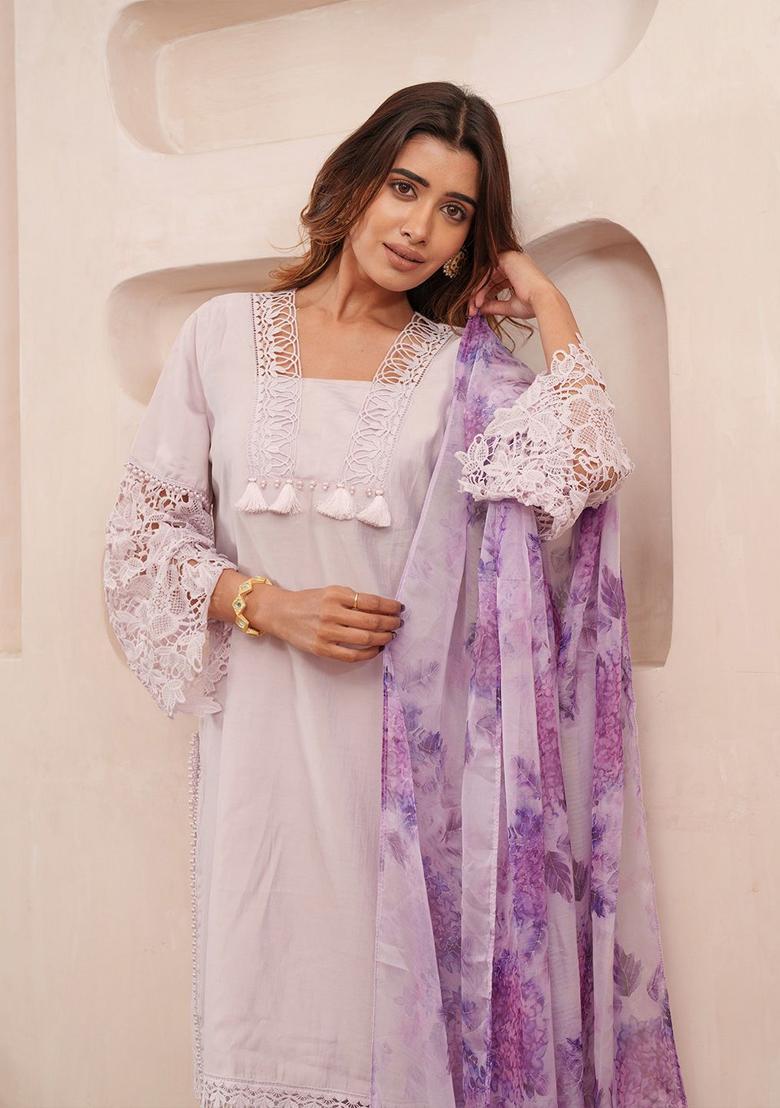 Lavender Self Design Silk Blend Kurta Sets - Indya