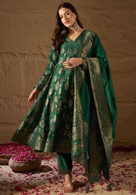 Green Woven Design Chanderi Anarkli Sets