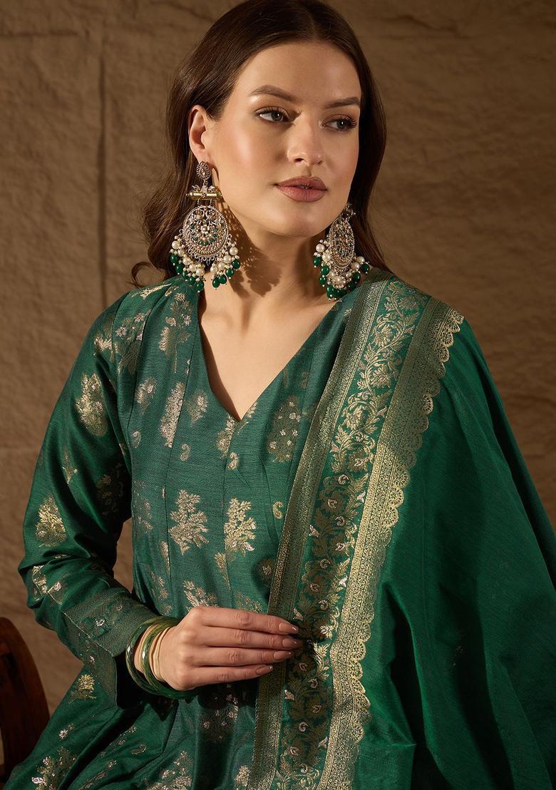 Green Woven Design Chanderi Anarkli Sets - Indya