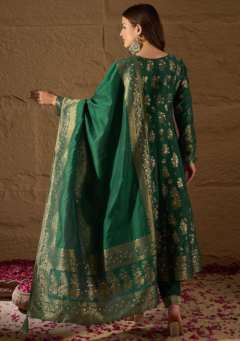 Green Woven Design Chanderi Anarkli Sets - Indya