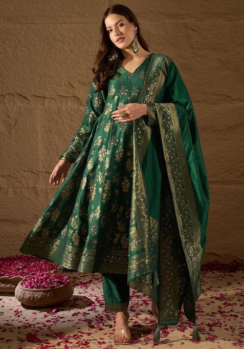 Green Woven Design Chanderi Anarkli Sets