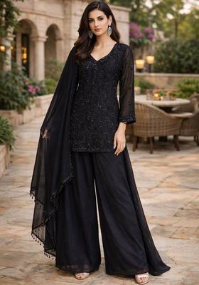 Black Embroidered Chinon Kurta Sets