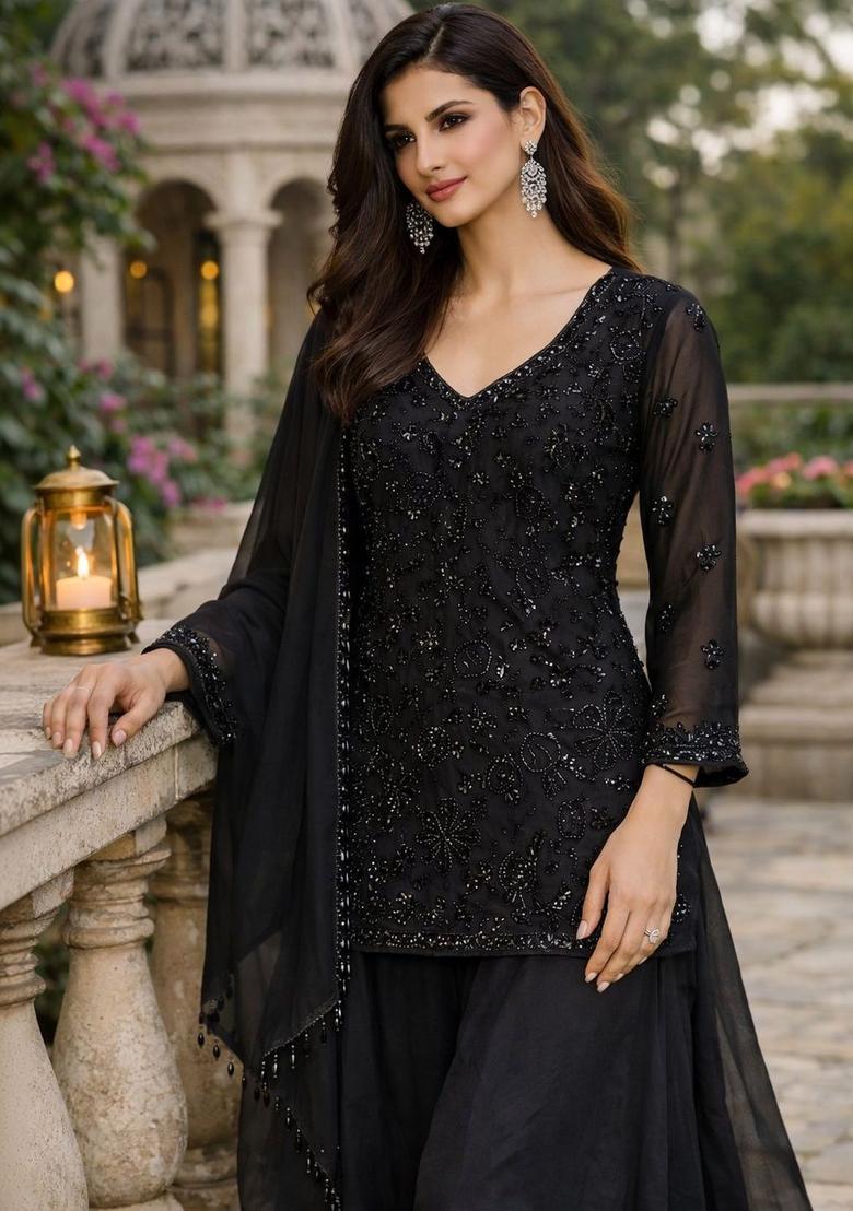 Black Embroidered Chinon Kurta Sets - Indya