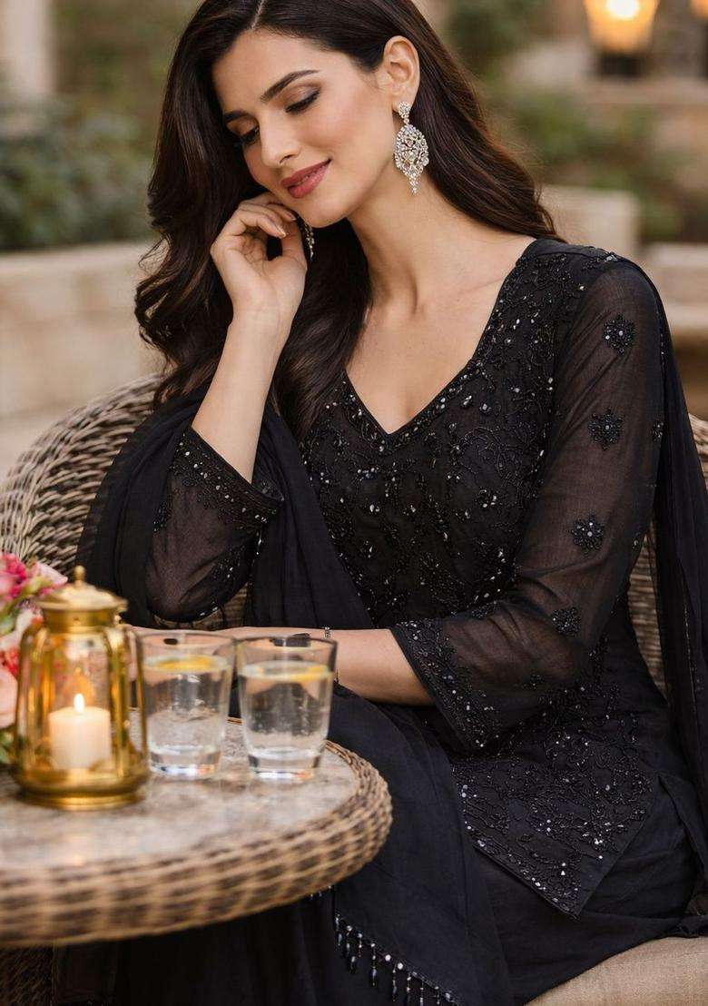 Black Embroidered Chinon Kurta Sets - Indya