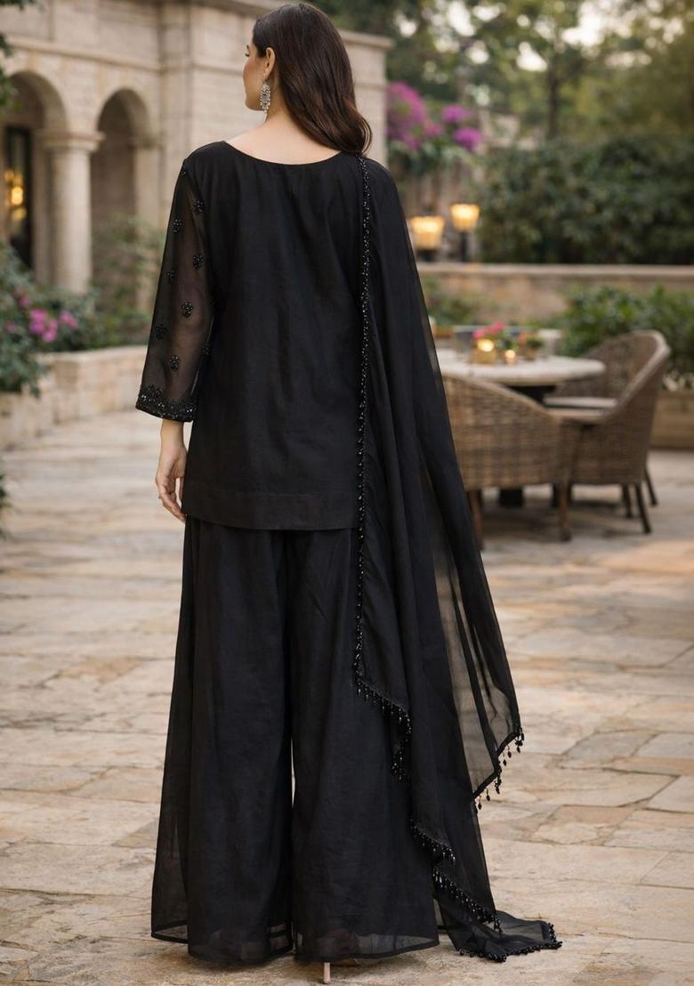 Black Embroidered Chinon Kurta Sets - Indya