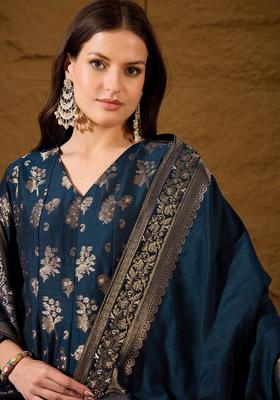 Navy Blue Woven Design Chanderi Anarkli Sets