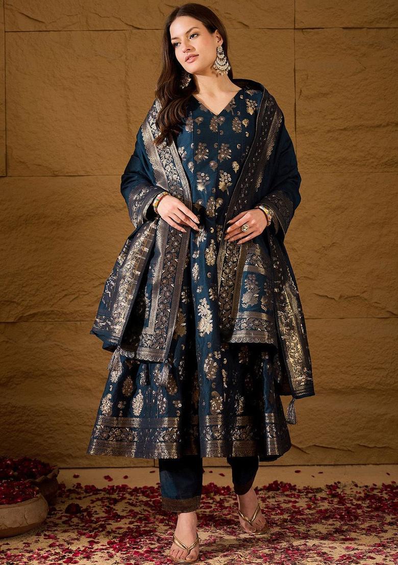 Navy Blue Woven Design Chanderi Anarkli Sets - Indya