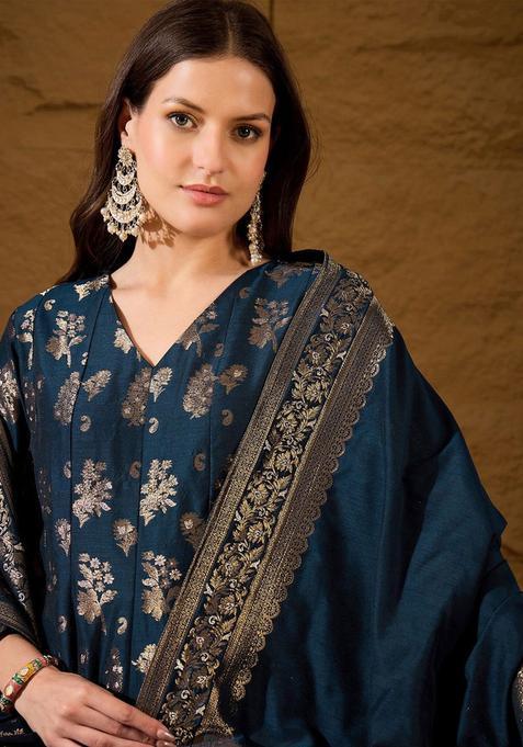 Navy Blue Woven Design Chanderi Anarkli Sets