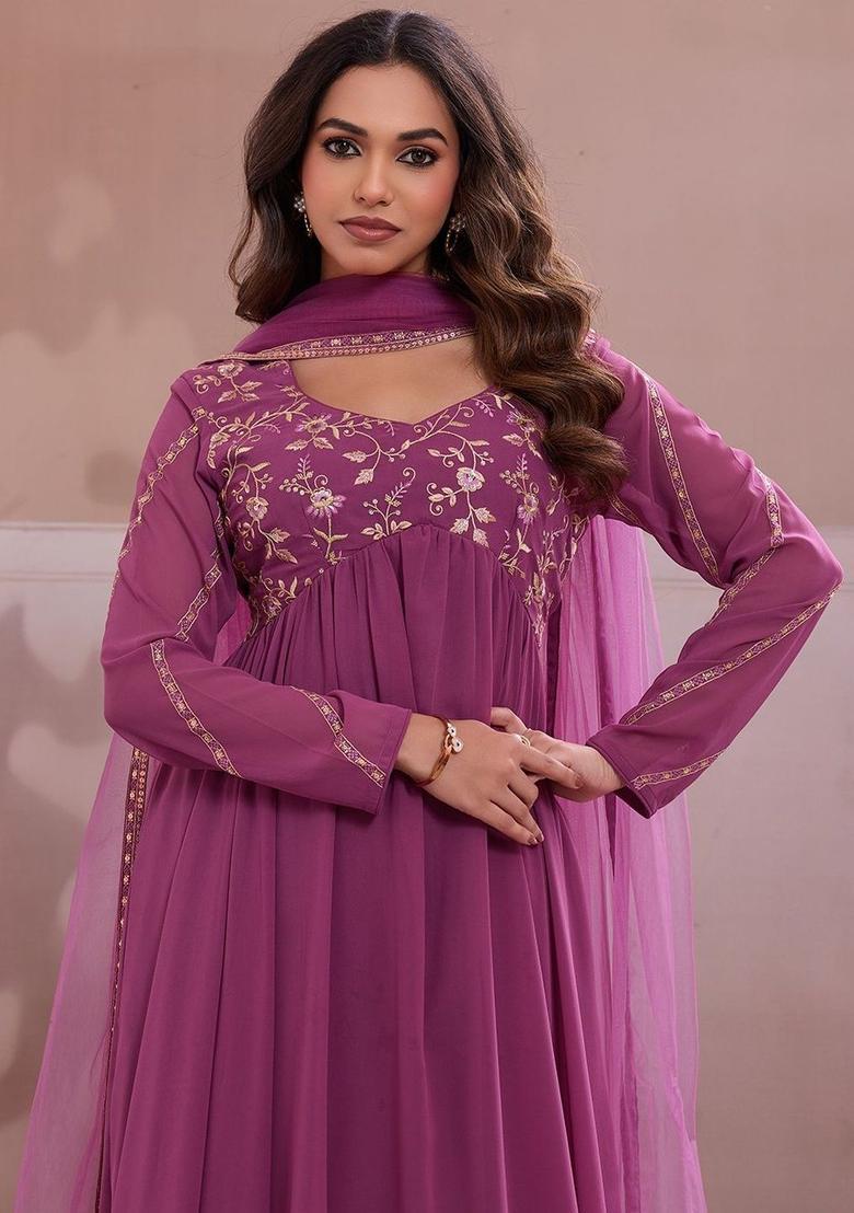 Mauve Embroidered Georgette Anarkli Sets - Indya
