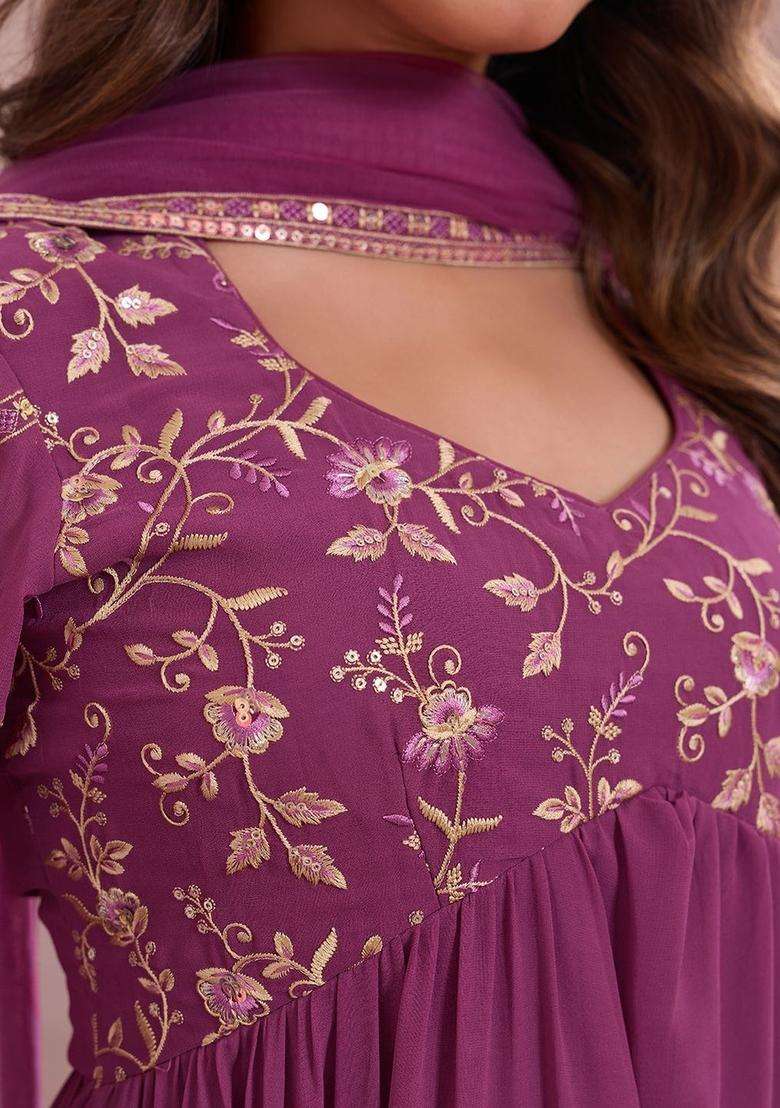 Mauve Embroidered Georgette Anarkli Sets - Indya
