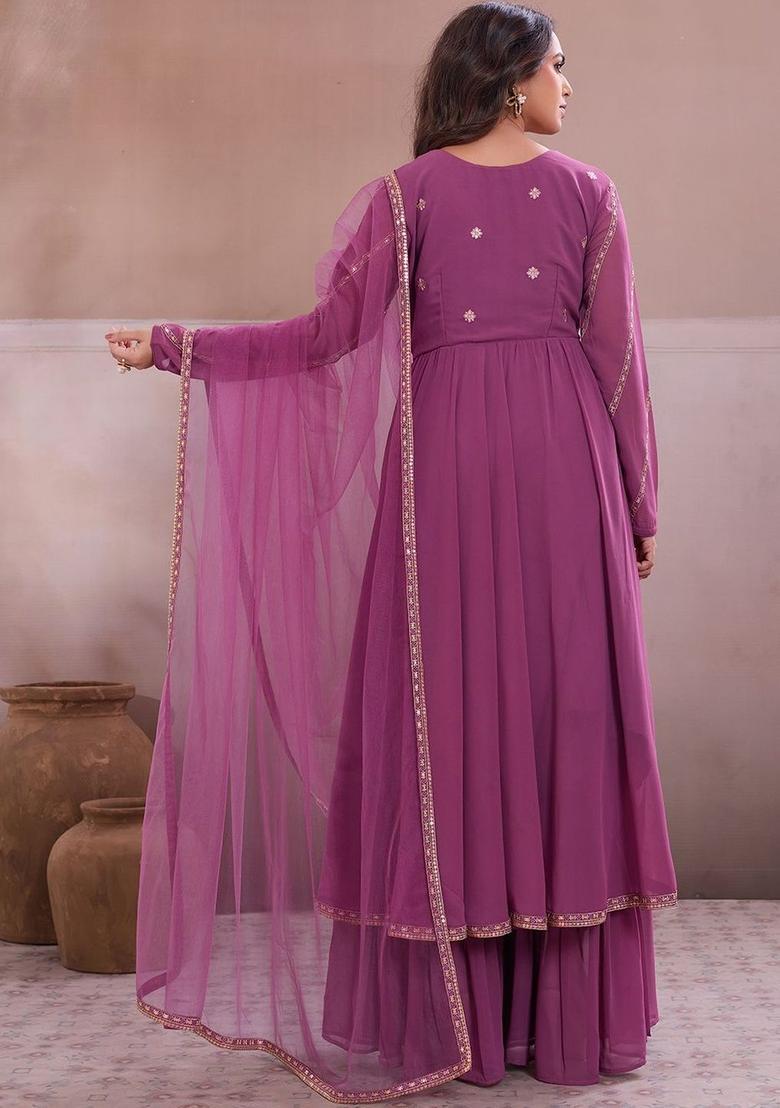 Mauve Embroidered Georgette Anarkli Sets - Indya