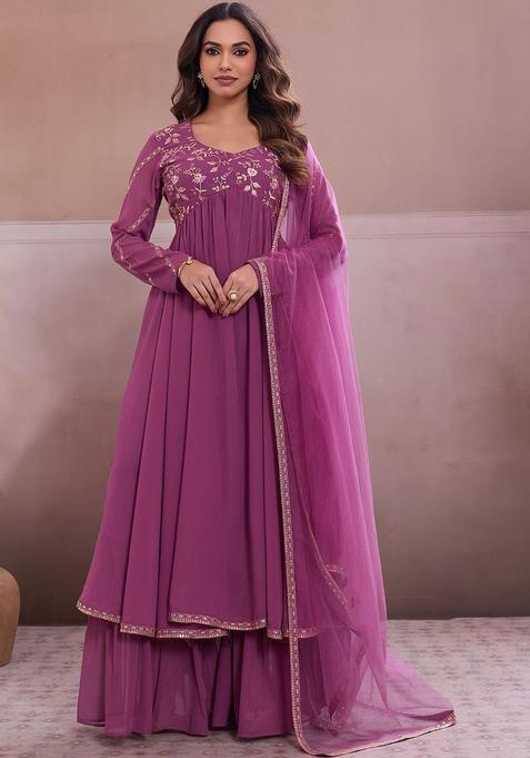 Mauve Embroidered Georgette Anarkli Sets