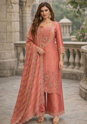 Rust Embroidered Tissue Kurta Sets