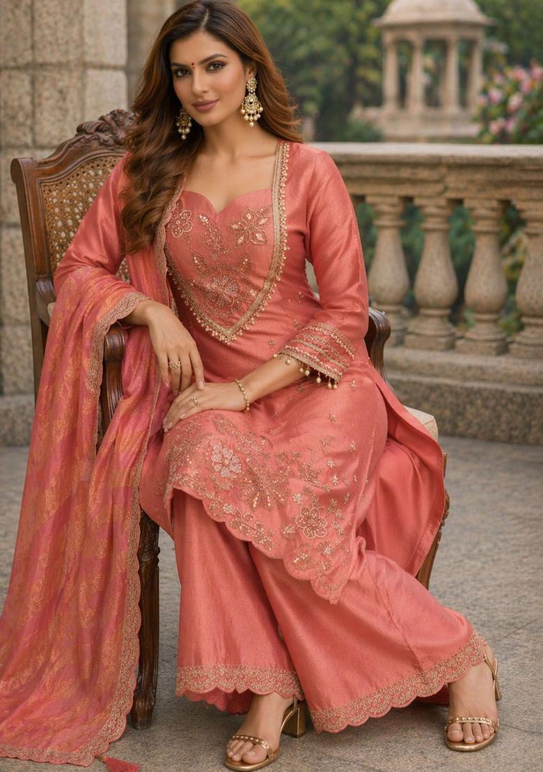 Rust Embroidered Tissue Kurta Sets - Indya