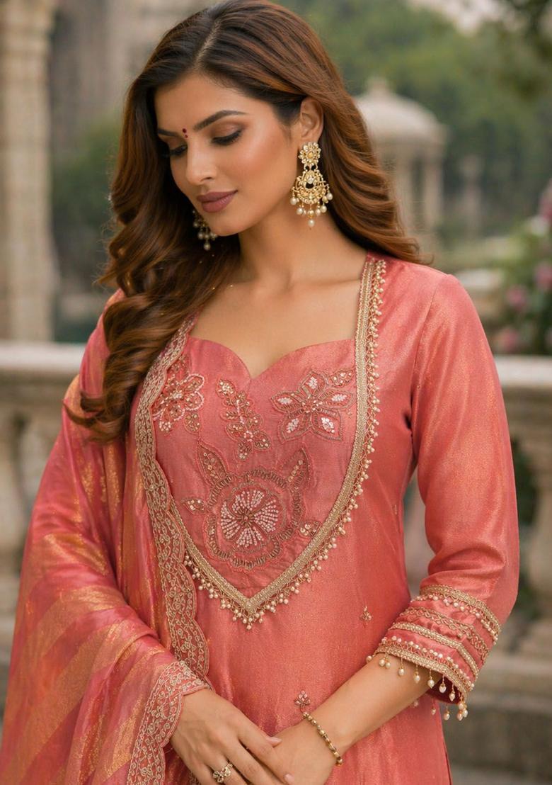 Rust Embroidered Tissue Kurta Sets - Indya