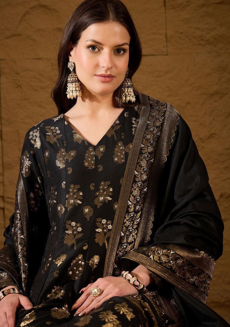 Black Printed Chanderi Anarkli Sets - Indya
