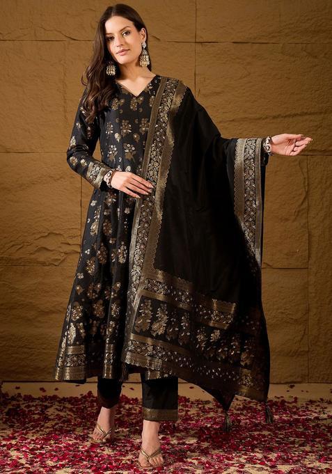 Black Printed Chanderi Anarkli Sets