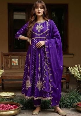 Purple Self Design Silk Blend Kurta Sets