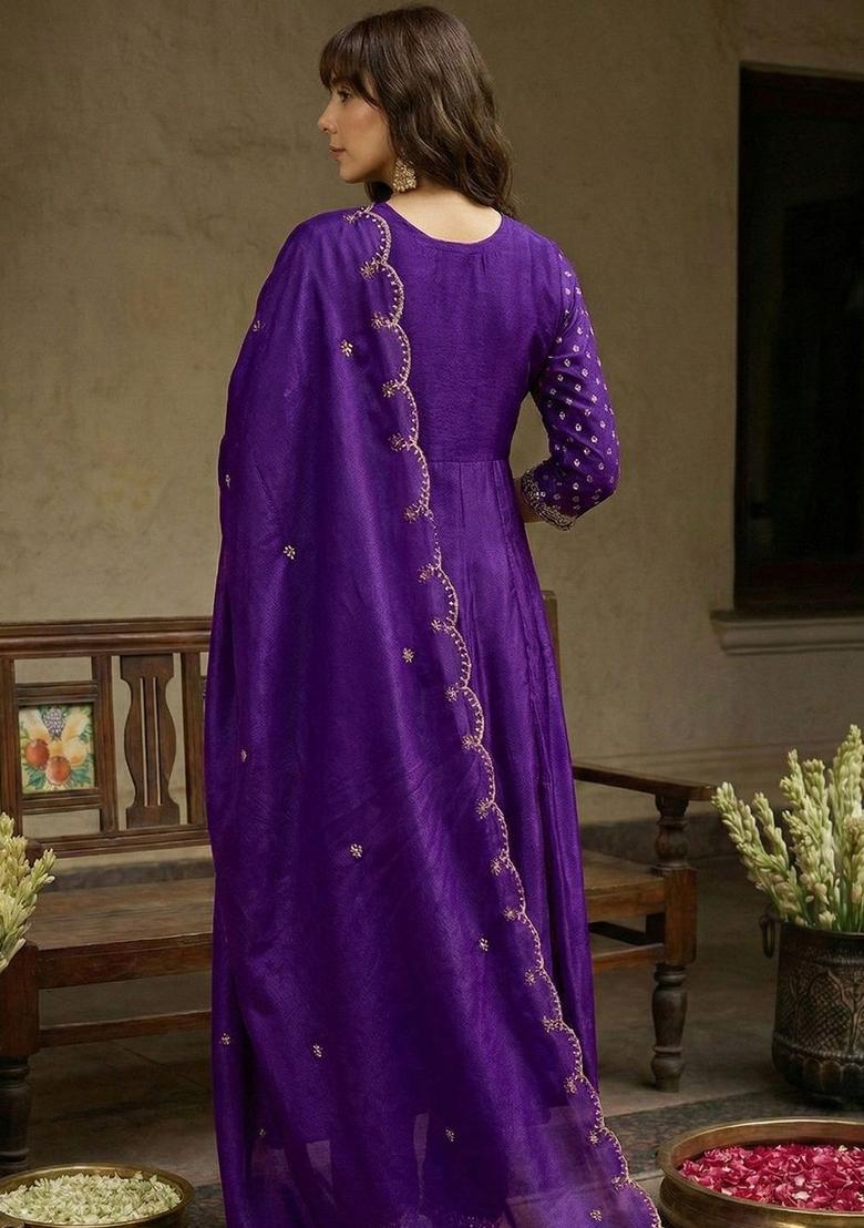 Purple Self Design Silk Blend Kurta Sets - Indya