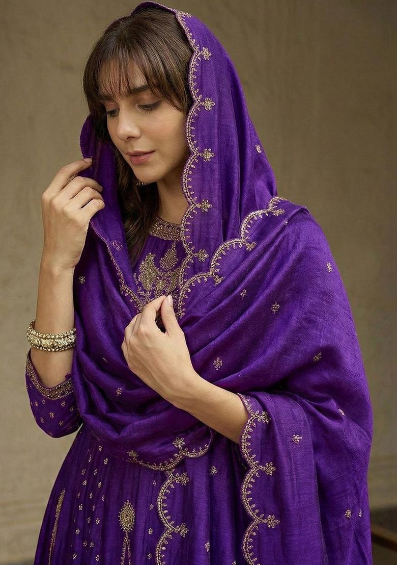 Purple Self Design Silk Blend Kurta Sets - Indya