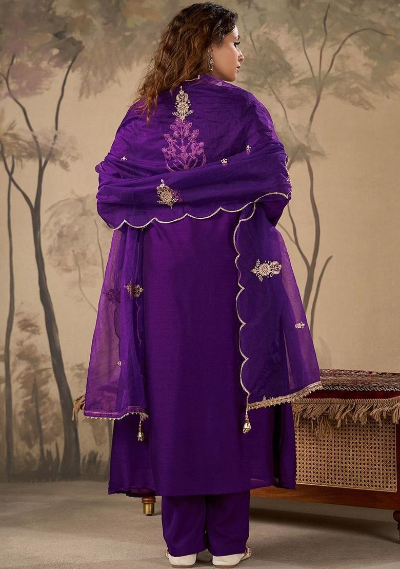 Purple Embroidered Silk Blend Kurta Sets - Indya
