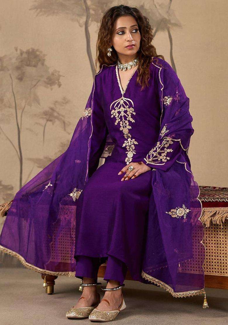 Purple Embroidered Silk Blend Kurta Sets - Indya