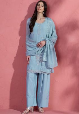 Blue Embroidered Silk Blend Kurta Sets