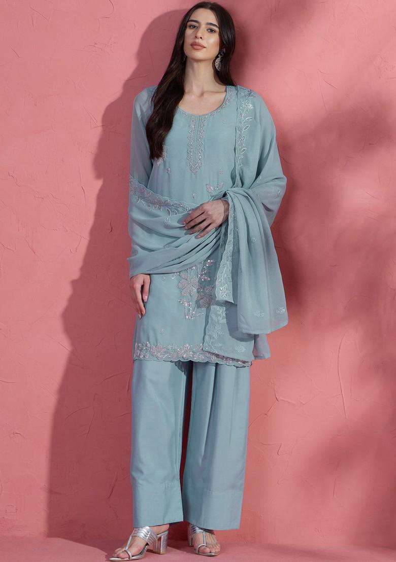 Blue Embroidered Silk Blend Kurta Sets - Indya