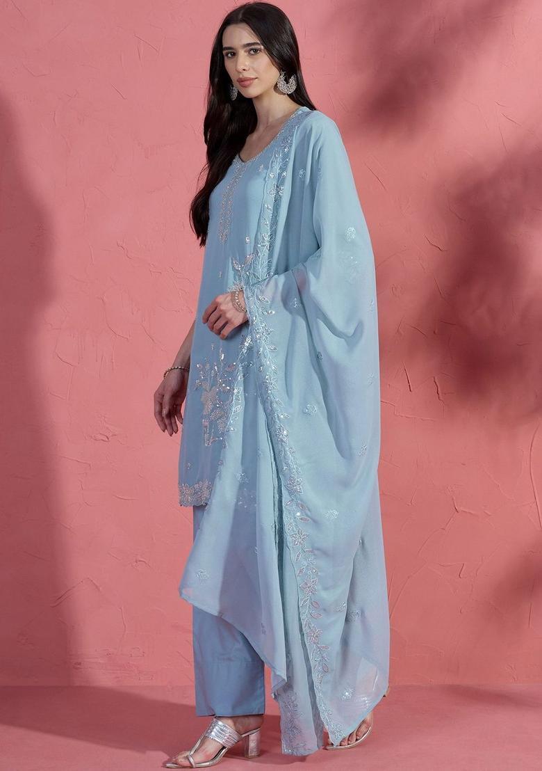 Blue Embroidered Silk Blend Kurta Sets - Indya