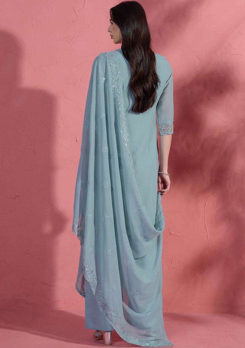 Blue Embroidered Silk Blend Kurta Sets - Indya