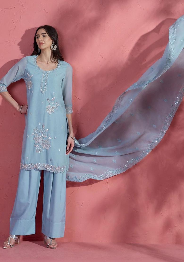 Blue Embroidered Silk Blend Kurta Sets - Indya