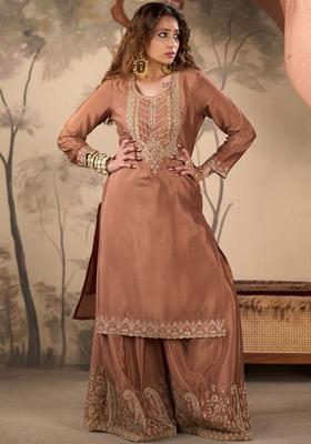Brown Yoke Design Chinon Kurta Sets