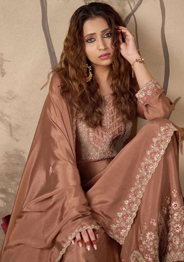 Brown Yoke Design Chinon Kurta Sets - Indya