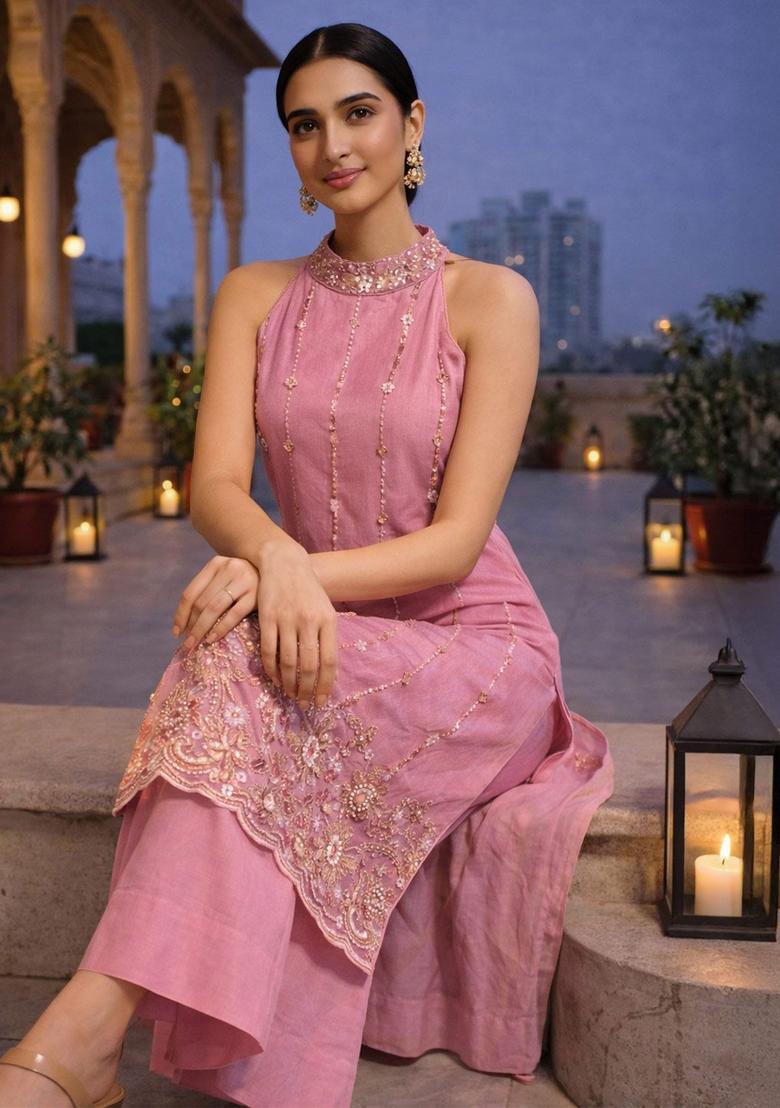 Rose Embroidered Silk Blend Kurta Sets - Indya