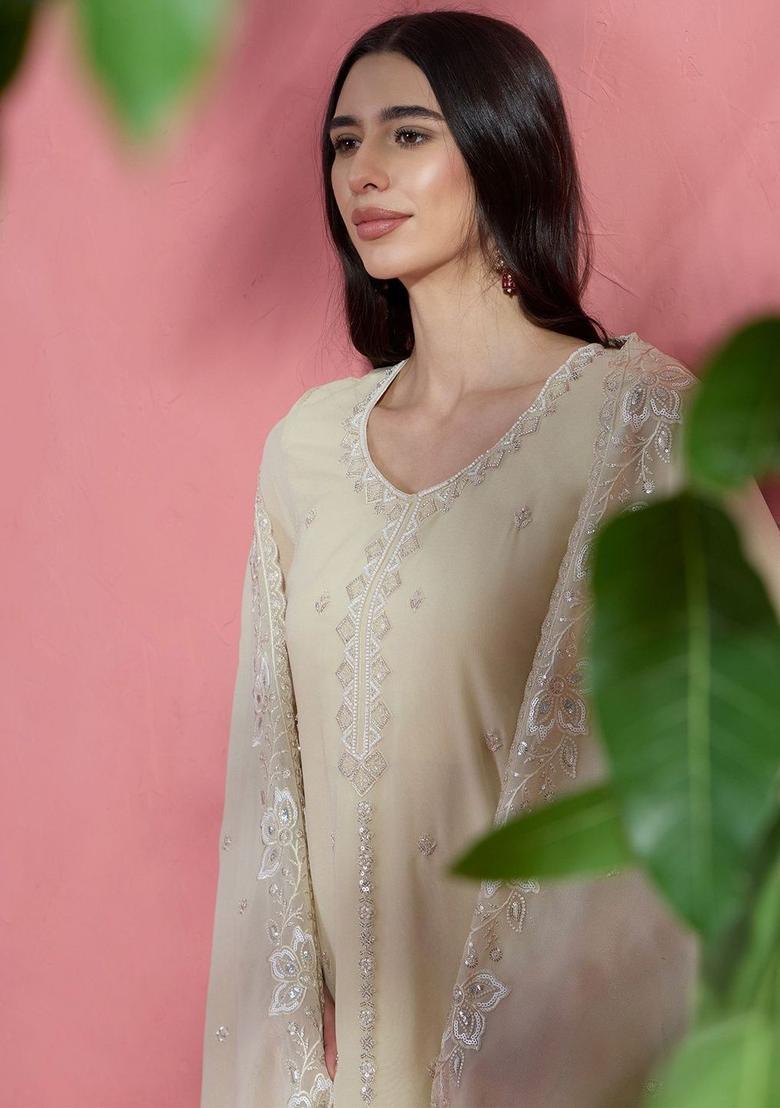 Yellow Embroidered Silk Blend Kurta Sets - Indya
