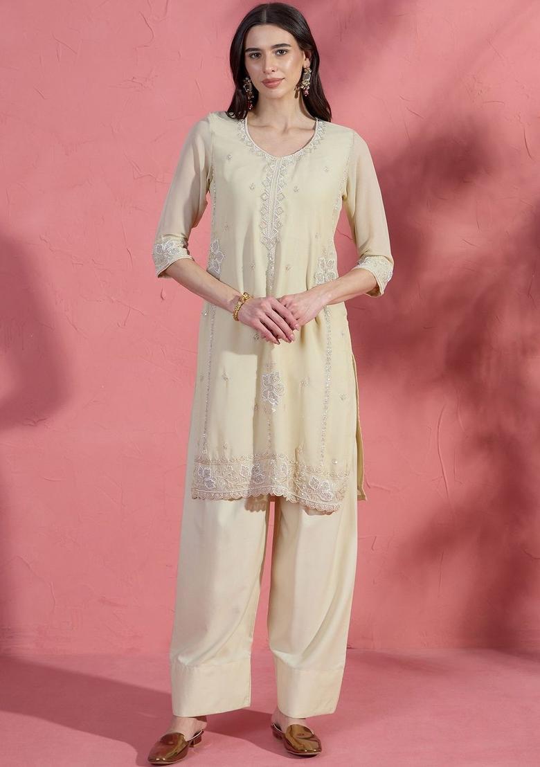 Yellow Embroidered Silk Blend Kurta Sets - Indya